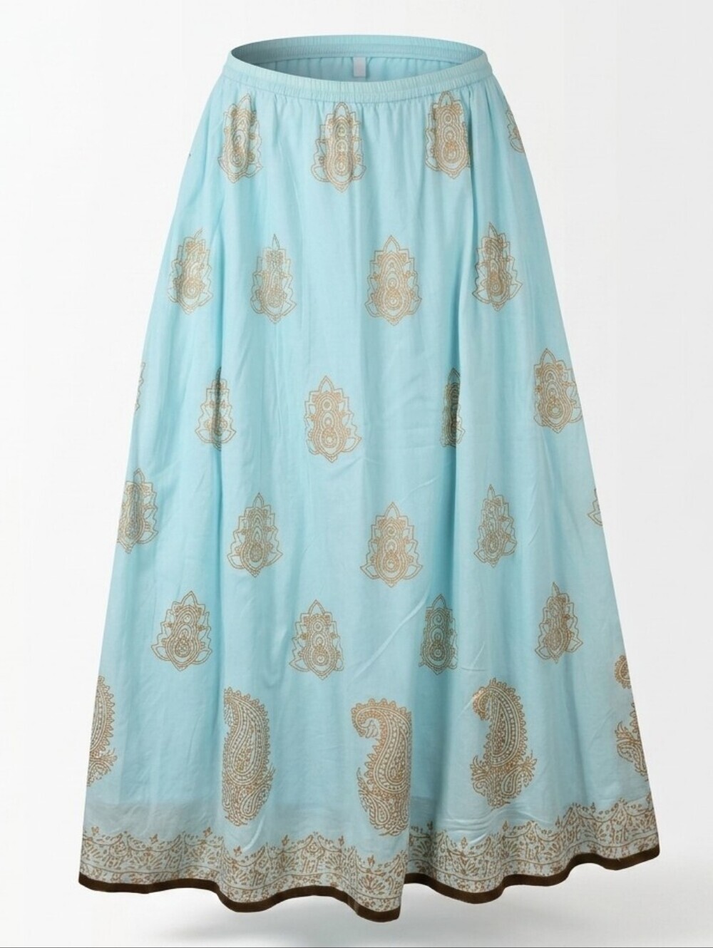 Soft Surroundings Savita Cotton Pull On Maxi Skirt Gold Metallic Paisley Print M